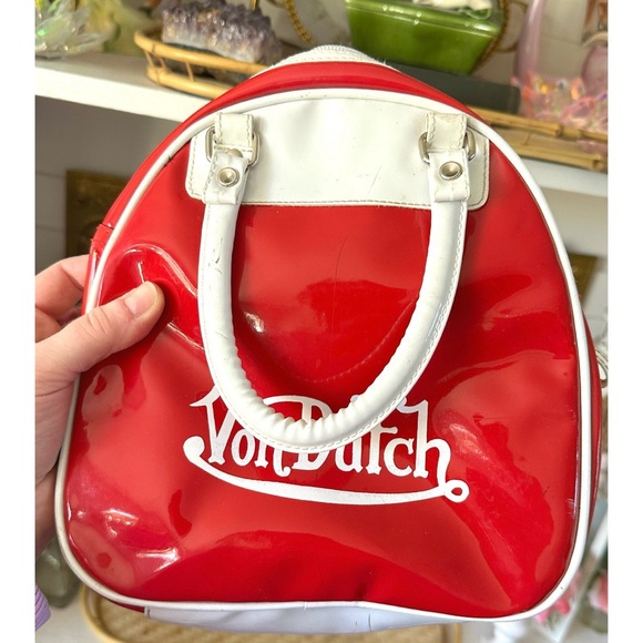 Von Dutch Vintage Y2K Red Patent Bowling Bag Purse White Trim - Picture 8 of 12
